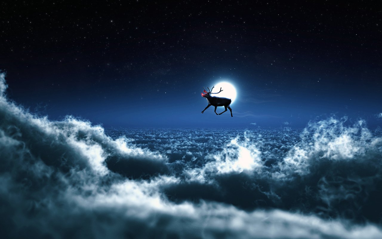 Обои облака, ночь, новый год, олень, зима, сказка, санта клаус, новогодние олени, clouds, night, new year, deer, winter, tale, santa claus, christmas reindeer разрешение 1920x1200 Загрузить