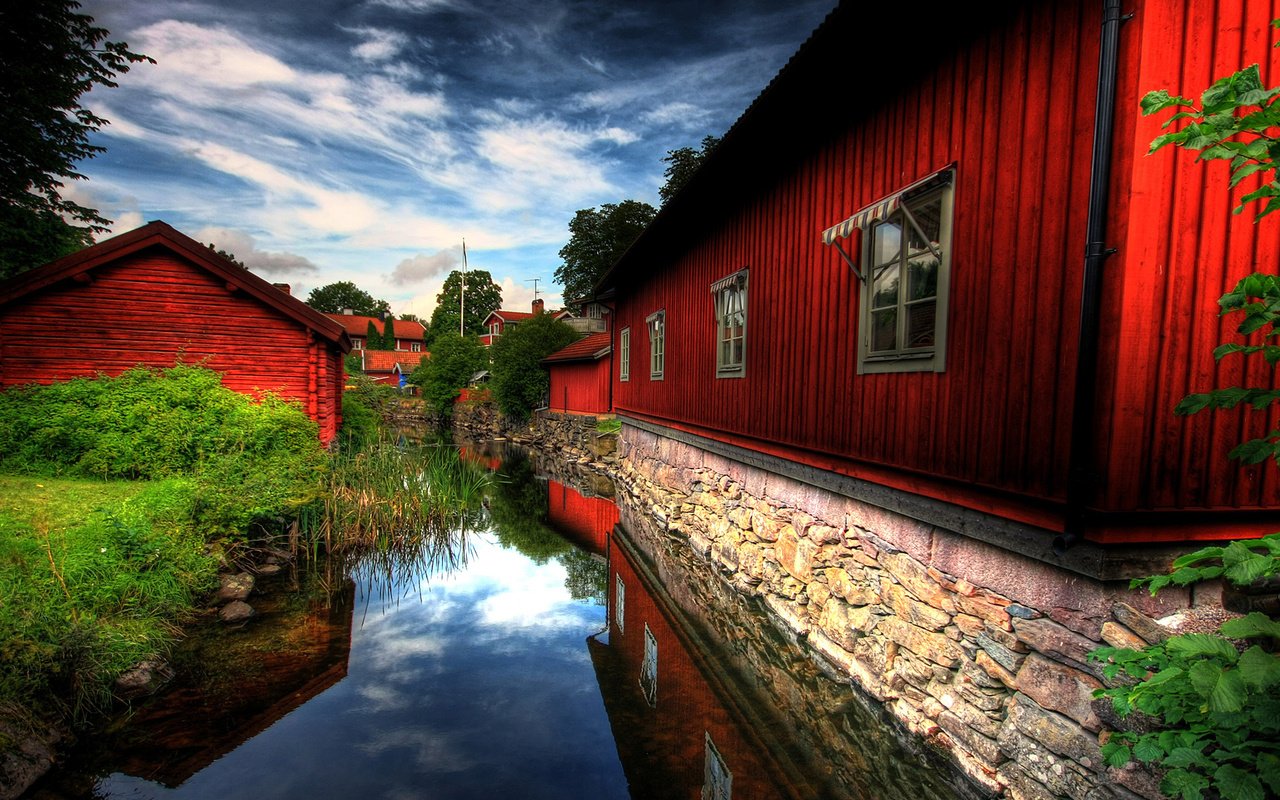 Обои вода, зелень, дома, швеция, пасмурно, вестманланд, water, greens, home, sweden, overcast, vastmanland county разрешение 1920x1080 Загрузить