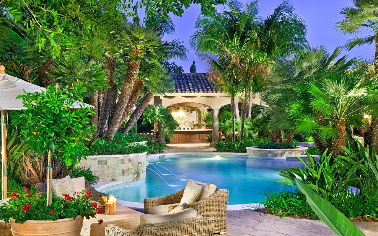Обои пальмы, бассейн, тропики, фазенда, palm trees, pool, tropics, fazenda разрешение 1920x1080 Загрузить
