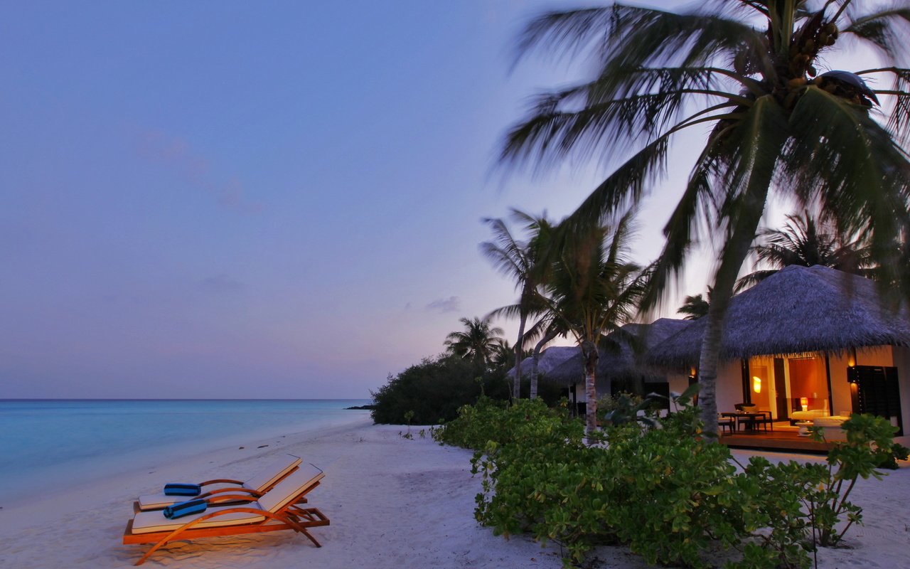 Обои вечер, песок, пляж, пальмы, бунгало, тропики, мальдивы, the evening, sand, beach, palm trees, bungalow, tropics, the maldives разрешение 1920x1080 Загрузить