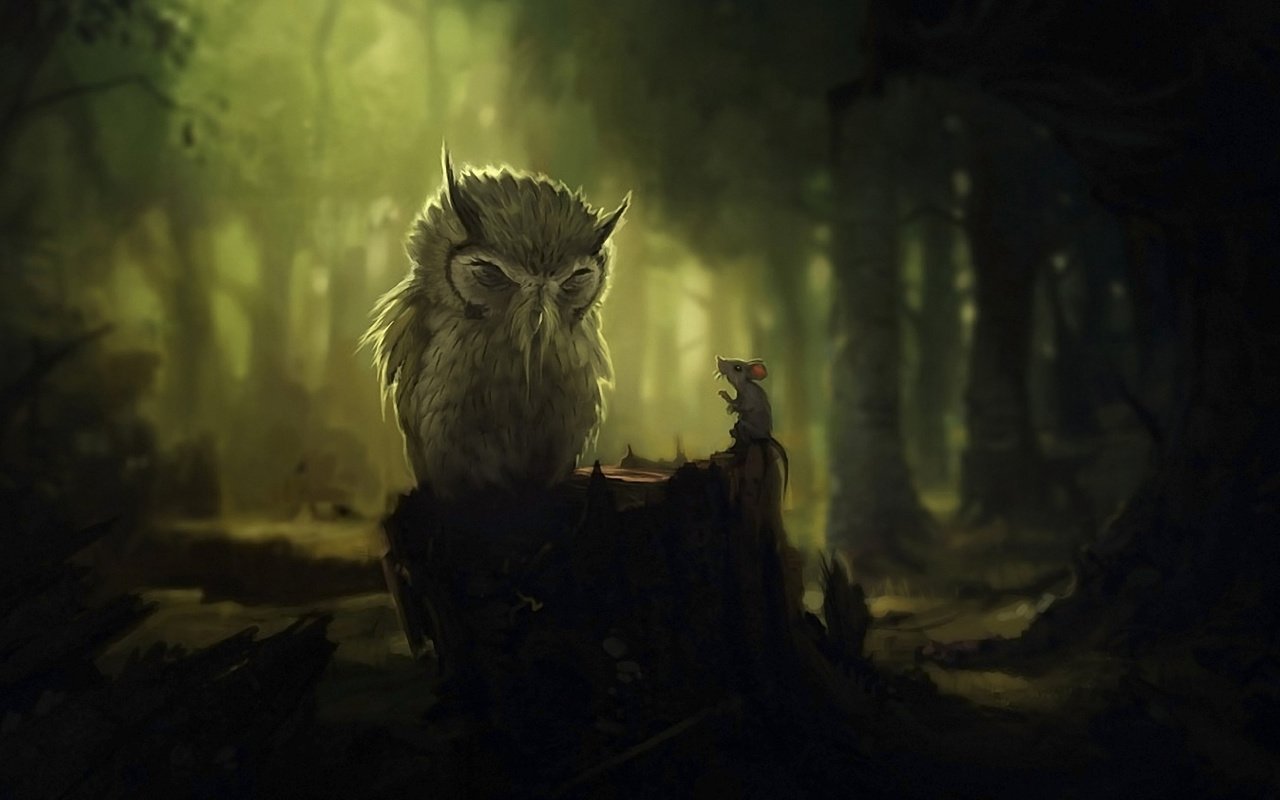 Обои арт, деревья, сова, лес, мышь, темнота, пень, разговор, art, trees, owl, forest, mouse, darkness, stump, the conversation разрешение 1920x1080 Загрузить