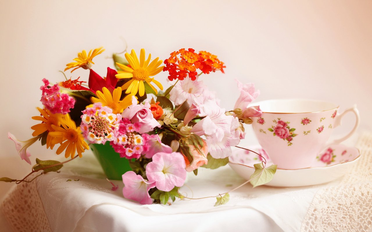 Обои цветы, букет, чашка, ваза, салфетка, натюрморт, flowers, bouquet, cup, vase, napkin, still life разрешение 2048x1264 Загрузить