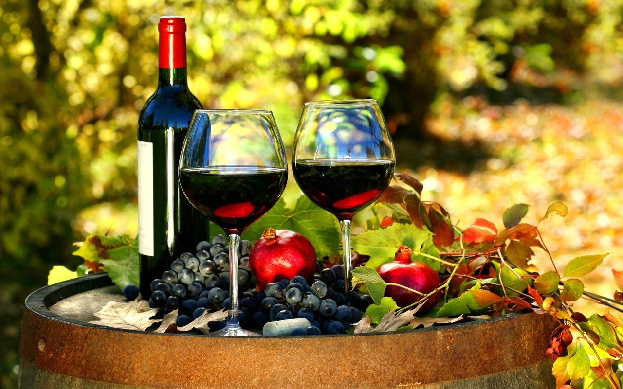 Обои виноград, осень, вино, бутылка, бокалы, бочка, красное, гранат, grapes, autumn, wine, bottle, glasses, barrel, red, garnet разрешение 2560x1600 Загрузить