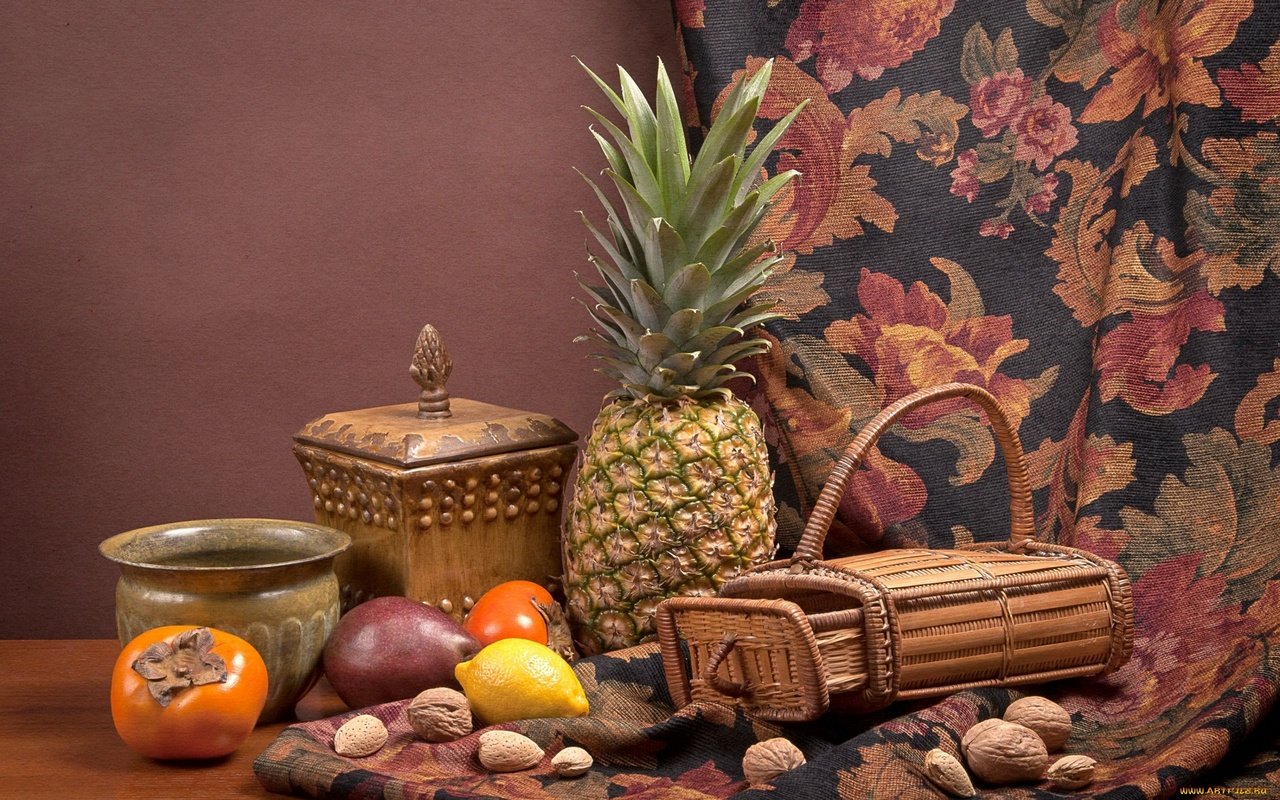 Обои орехи, лимон, ткань, натюрморт, ананас, хурма, манго, nuts, lemon, fabric, still life, pineapple, persimmon, mango разрешение 1920x1200 Загрузить