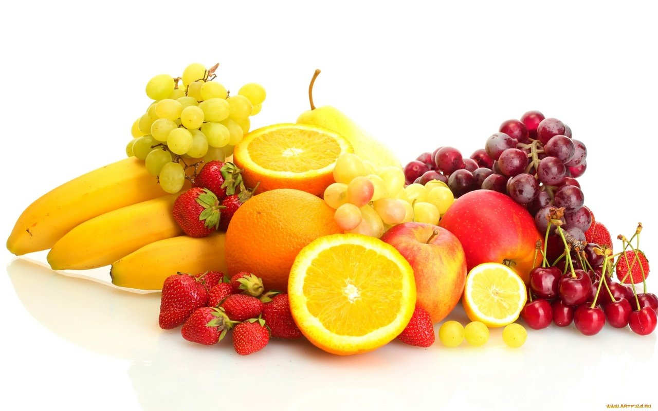 Обои виноград, бананы, фрукты, груша, яблоки, апельсины, клубника, лимон, ягоды, вишня, grapes, bananas, fruit, pear, apples, oranges, strawberry, lemon, berries, cherry разрешение 1920x1200 Загрузить
