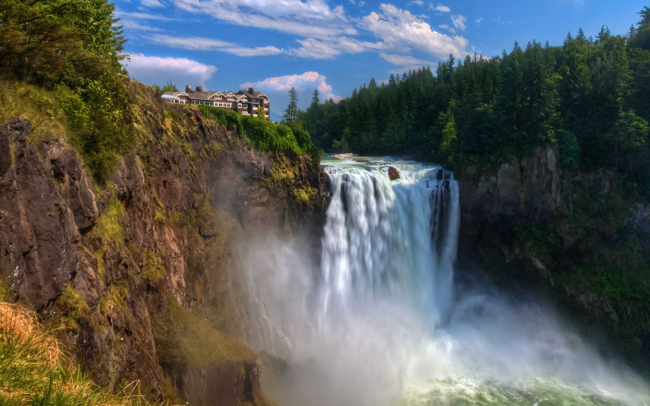 Обои водопад, поток, дом, обрыв, snoqualmie falls, waterfall, stream, house, open разрешение 1920x1080 Загрузить