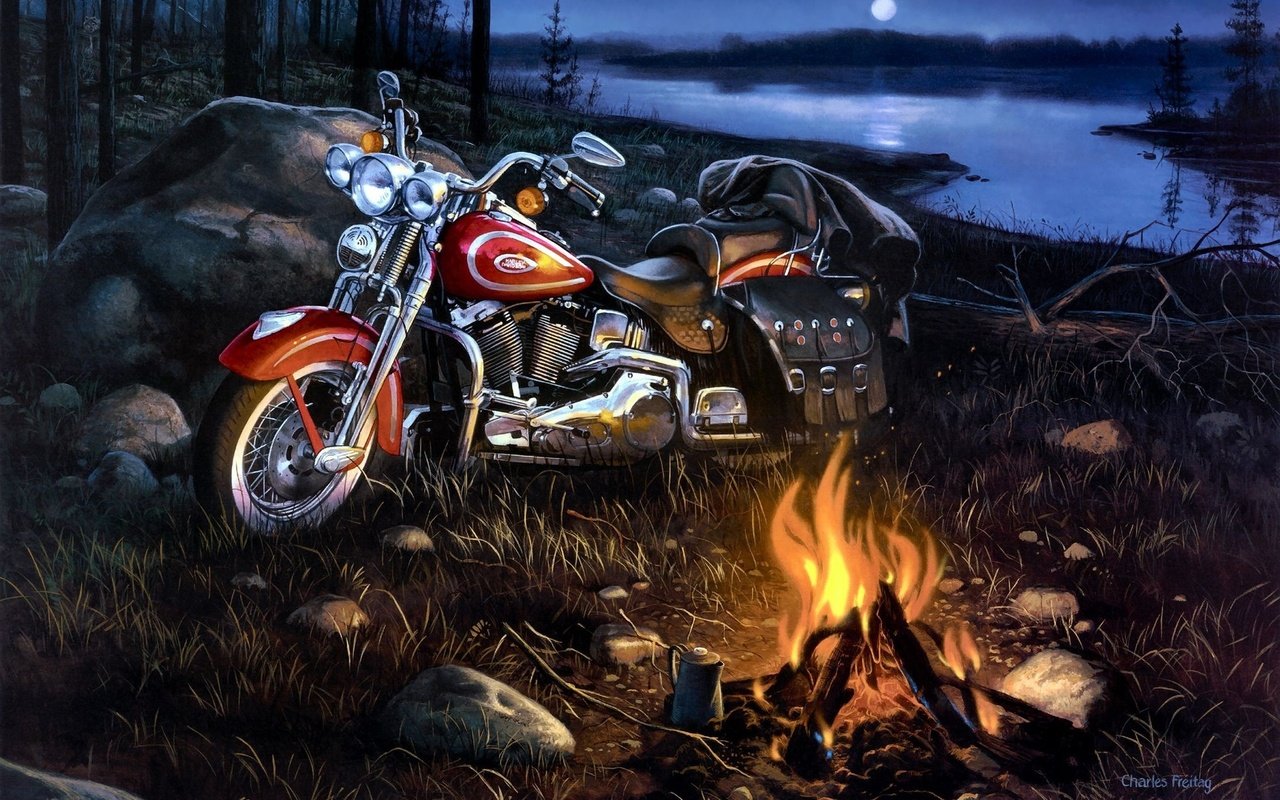 Обои арт, река, пейзаж, мотоцикл, костёр, harley-davidson, art, river, landscape, motorcycle, the fire разрешение 1920x1200 Загрузить