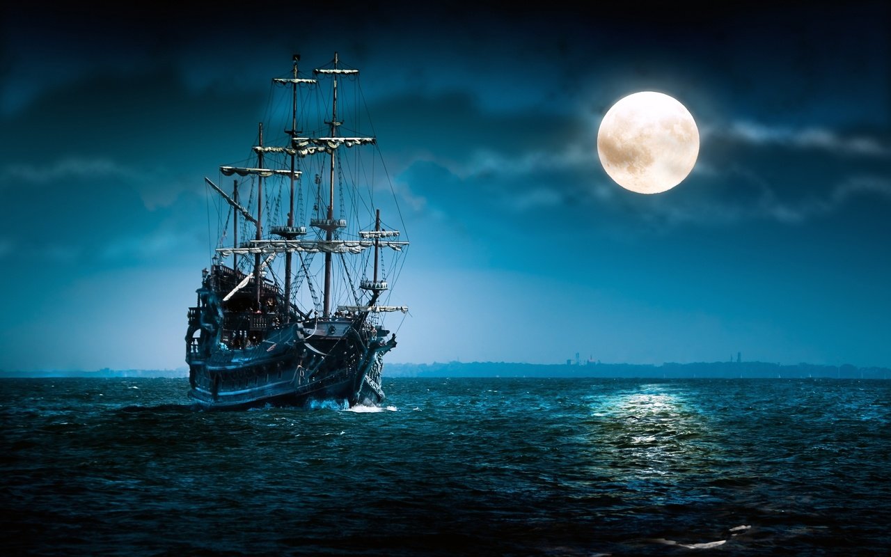 Обои море, корабль, луна, sea, ship, the moon разрешение 2560x1600 Загрузить