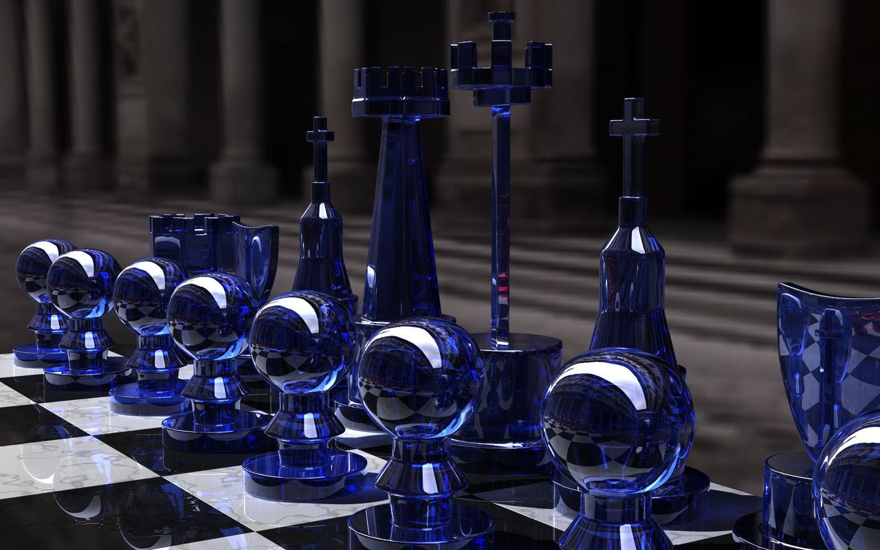 Обои шахматы, игра, стратегия, chess set, blue side, ренденринг, cтекло, chess, the game, strategy, rendering, glass разрешение 1920x1080 Загрузить