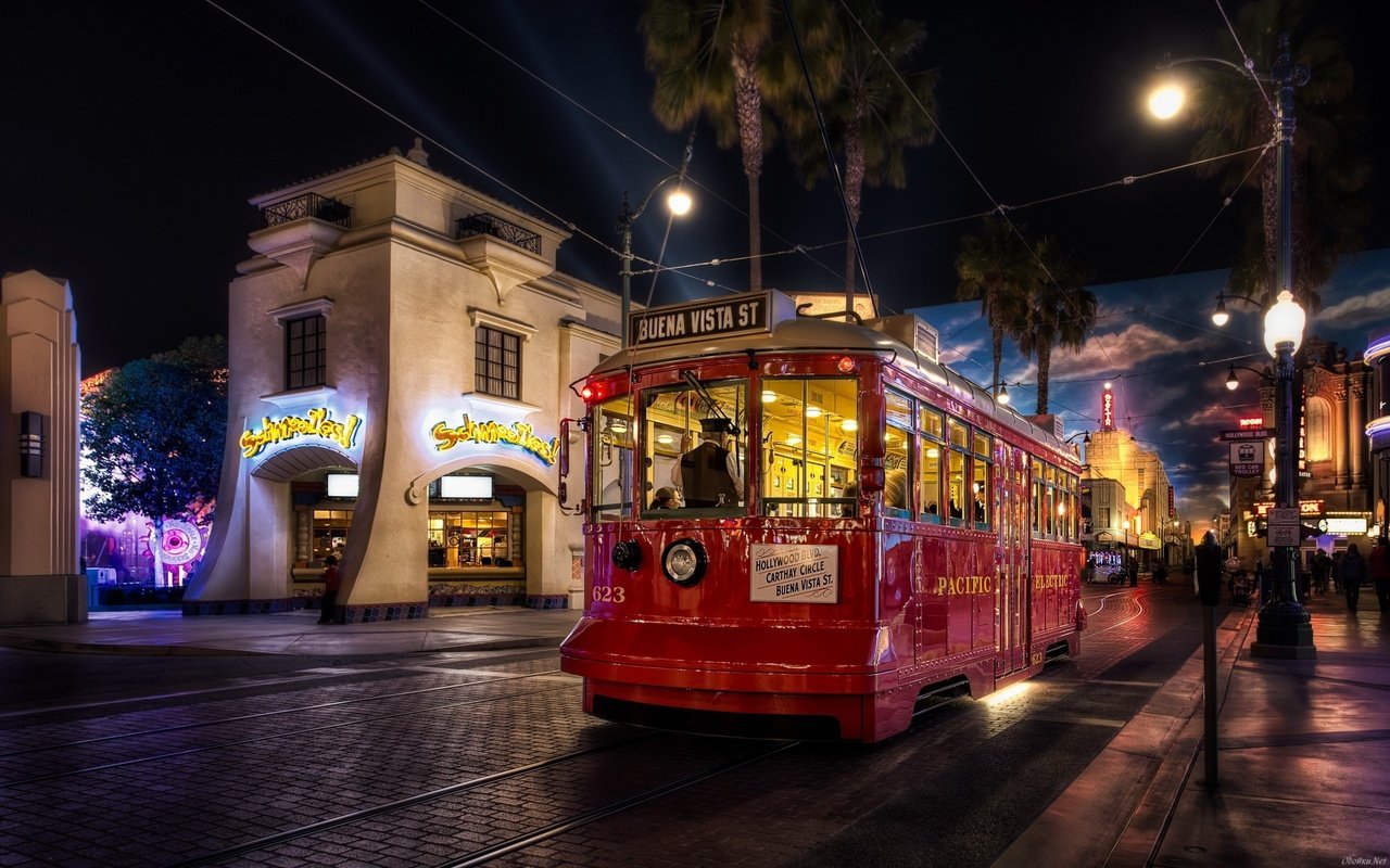 Обои ночной город, экскурсионный трамвай, night city, sightseeing tram разрешение 2560x1600 Загрузить