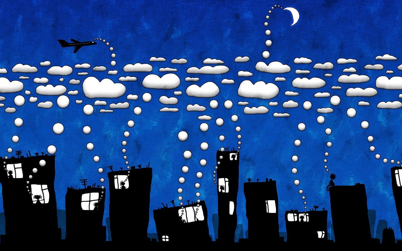 Обои облака, люди в домах, clouds, the people in the houses разрешение 2560x1440 Загрузить