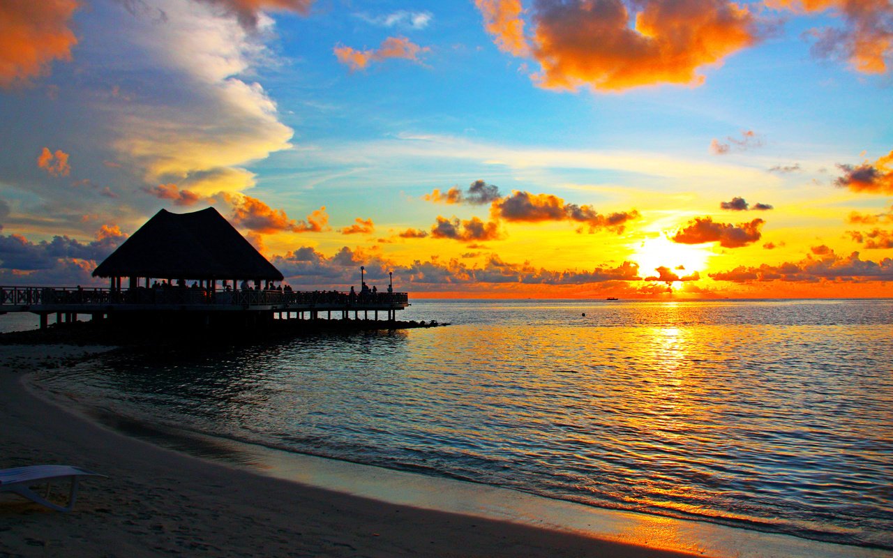 Обои закат, море, пляж, отдых, тропики, мальдивы, sunset, sea, beach, stay, tropics, the maldives разрешение 4215x2763 Загрузить