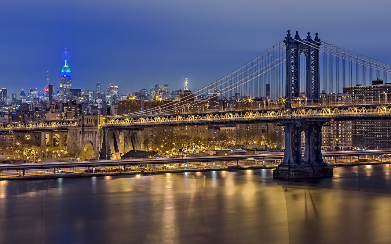 Обои ночь, мост, сша, нью-йорк, манхеттен, night, bridge, usa, new york, manhattan разрешение 2048x1365 Загрузить