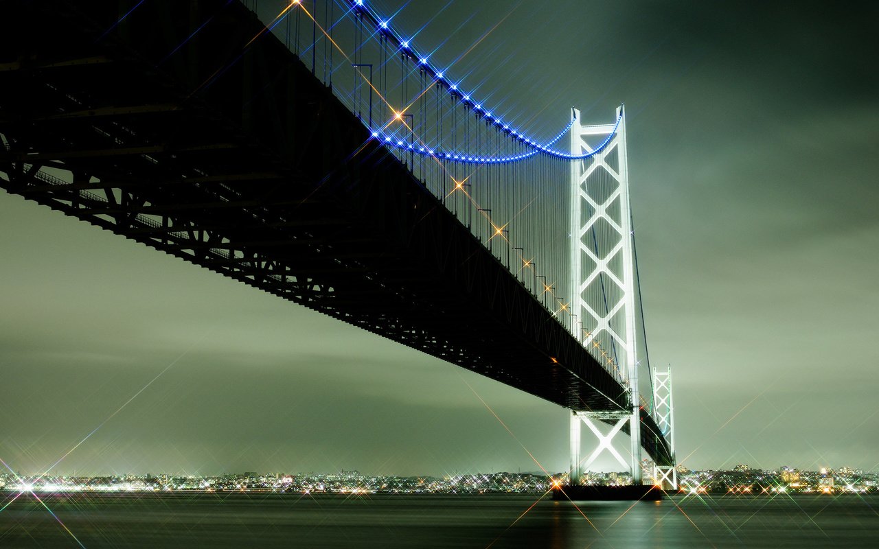 Обои огни, город, япония, акаси-кайке мост, lights, the city, japan, akashi-kaikyo bridge разрешение 2464x1632 Загрузить