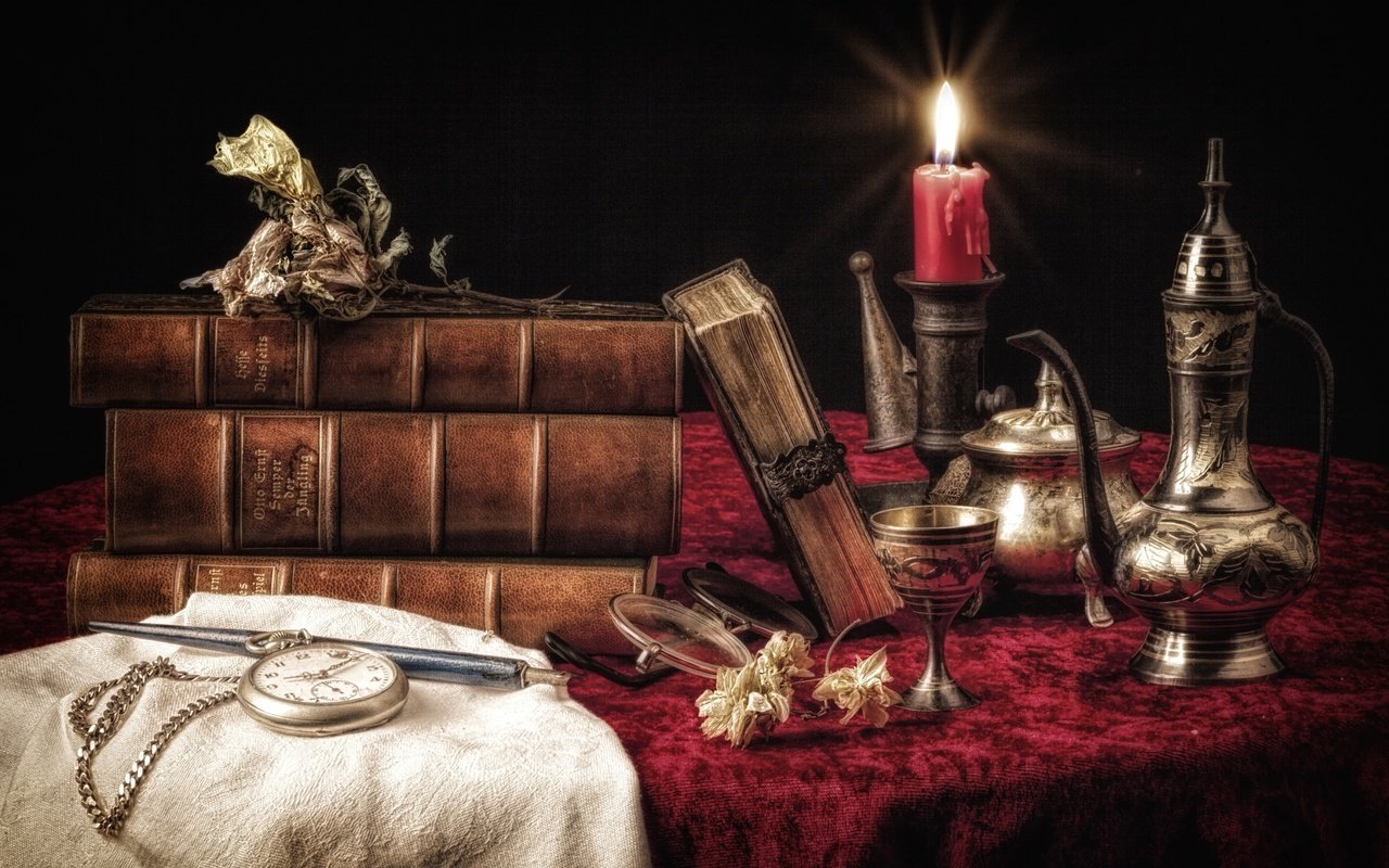 Обои книги, часы, посуда, свеча, натюрморт, books, watch, dishes, candle, still life разрешение 2700x1800 Загрузить