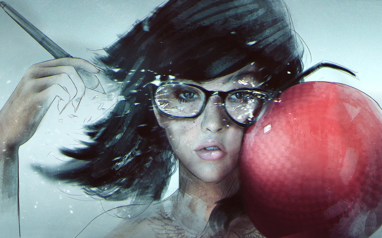 Обои арт, девушка, очки, лицо, удар, dodgeball, хипстер, art, girl, glasses, face, blow, hipster разрешение 1920x1080 Загрузить