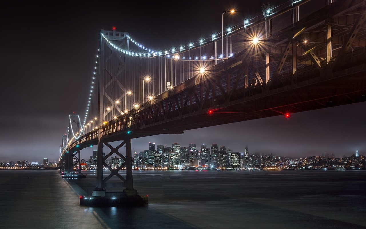 Обои мост, город, залив, сша, сан-франциско, ночные огни, bridge, the city, bay, usa, san francisco, night lights разрешение 2047x1228 Загрузить