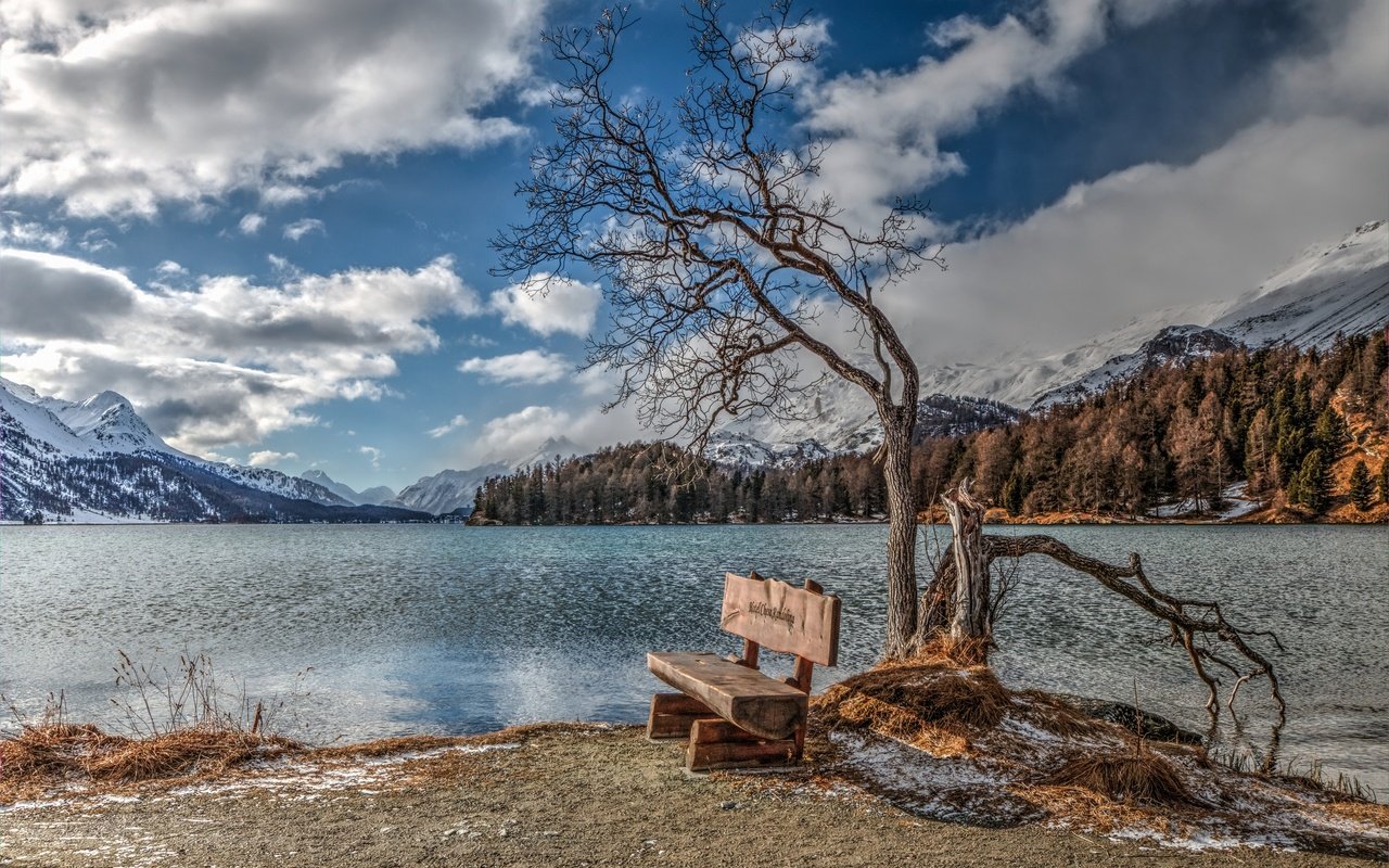 Обои озеро, природа, скамья, lake, nature, bench разрешение 2880x1923 Загрузить