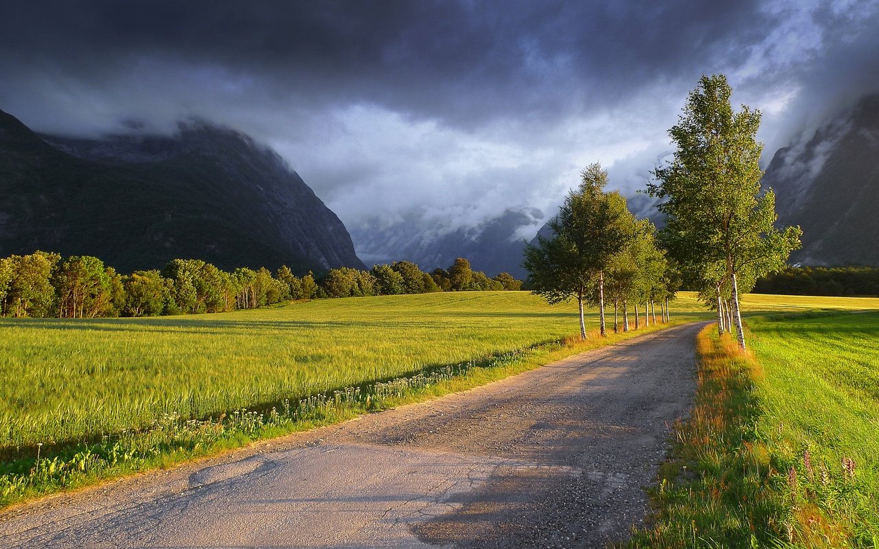 Обои дорога, деревья, горы, тучи, пейзаж, поле, road, trees, mountains, clouds, landscape, field разрешение 2880x1620 Загрузить