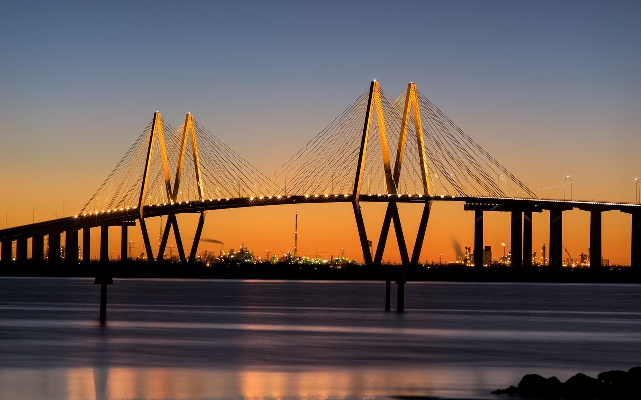 Обои мост, город, сша., штат техас, мост фреда хартмана, bridge, the city, usa., texas, bridge fred hartman разрешение 2880x1800 Загрузить