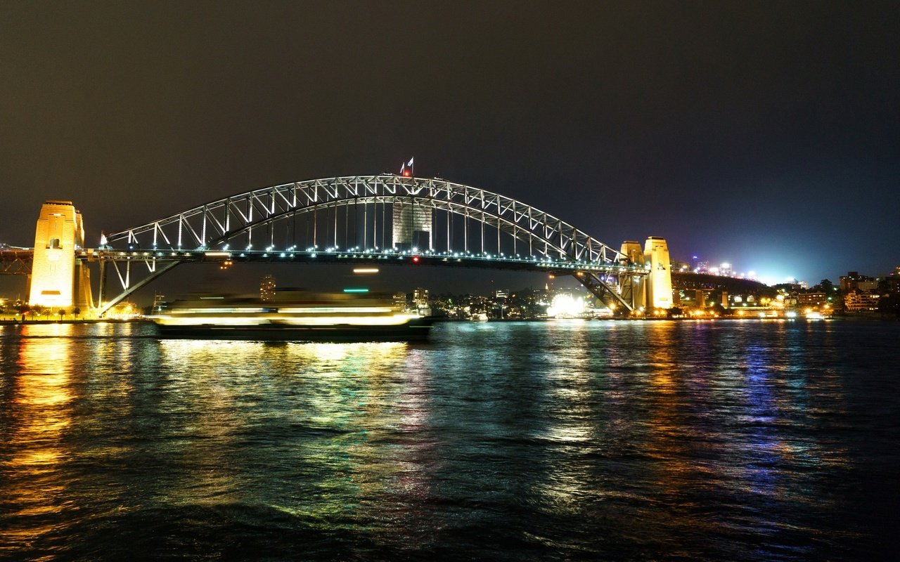 Обои ночь, фонари, огни, река, мост, сидней, австралия, выдержка, night, lights, river, bridge, sydney, australia, excerpt разрешение 2880x1706 Загрузить