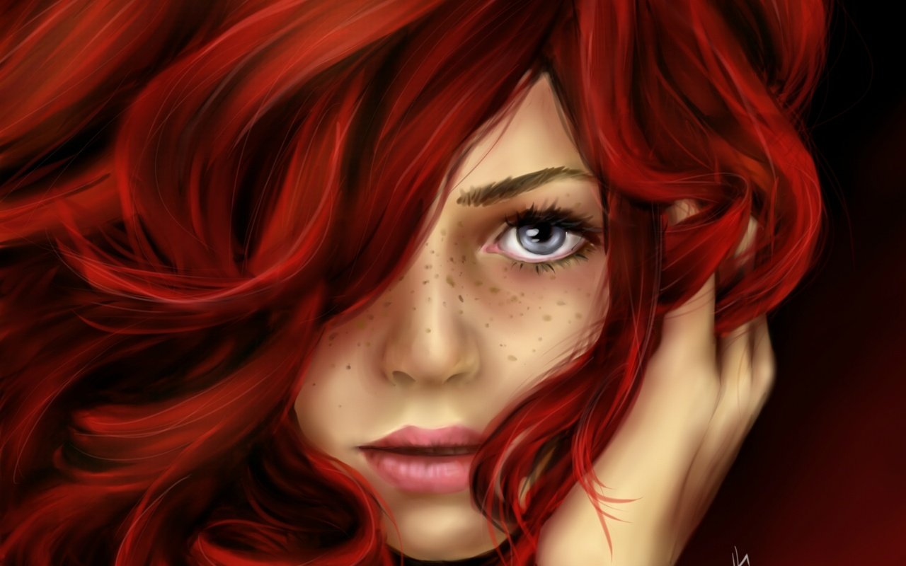 Обои арт, веснушки, девушка, взгляд, рыжая, кудри, волосы, лицо, живопись, art, freckles, girl, look, red, curls, hair, face, painting разрешение 1920x1440 Загрузить