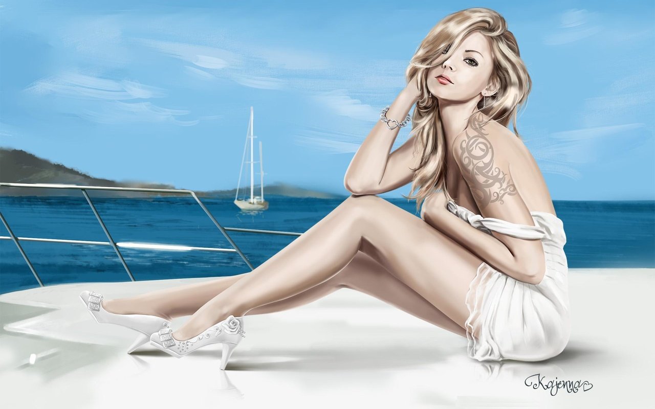 Обои море, блондинка, взгляд, яхта, ножки, туфли, белое платье, арт. девушка, sea, blonde, look, yacht, legs, shoes, white dress, art. girl разрешение 2000x1287 Загрузить
