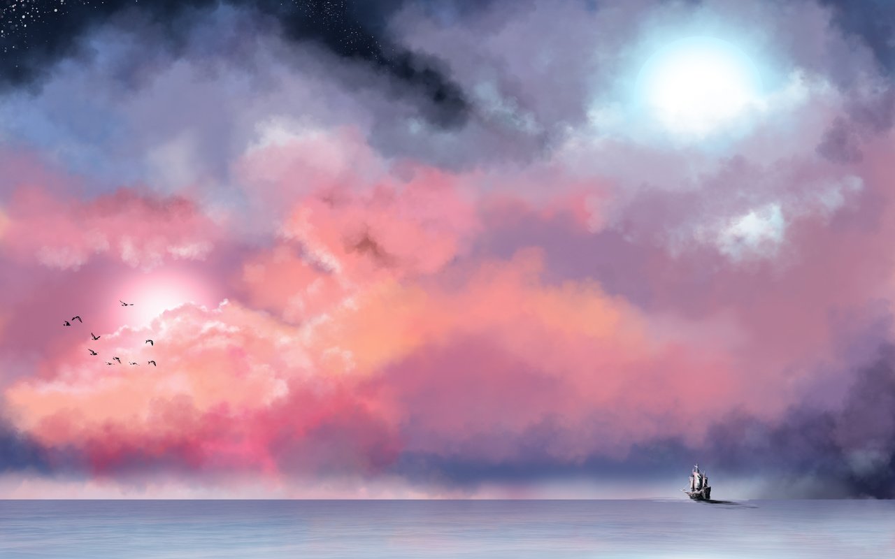 Обои небо, облака, море, звезды, туман, корабль, птицы, живопись, the sky, clouds, sea, stars, fog, ship, birds, painting разрешение 4961x3508 Загрузить