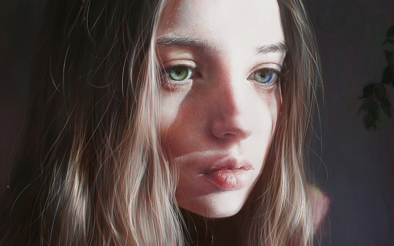 Обои глаза, арт, девушка, портрет, взгляд, волосы, губы, лицо, eyes, art, girl, portrait, look, hair, lips, face разрешение 4768x3005 Загрузить