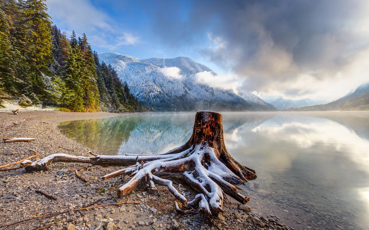 Обои озеро, tirol, горы, снег, берег, лес, австрия, коряга, тироль, lake, mountains, snow, shore, forest, austria, snag, tyrol разрешение 3750x2500 Загрузить