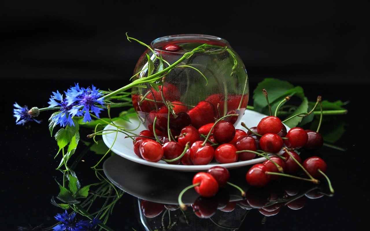 Обои ягоды, вишня, василек, berries, cherry, cornflower разрешение 2400x1499 Загрузить