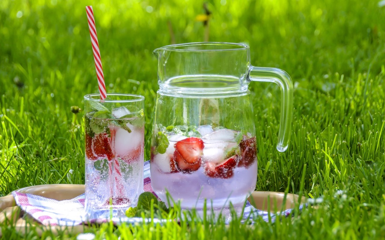 Обои трава, напиток, клубника, лёд, стакан, кувшин, лимонад, grass, drink, strawberry, ice, glass, pitcher, lemonade разрешение 3000x2000 Загрузить