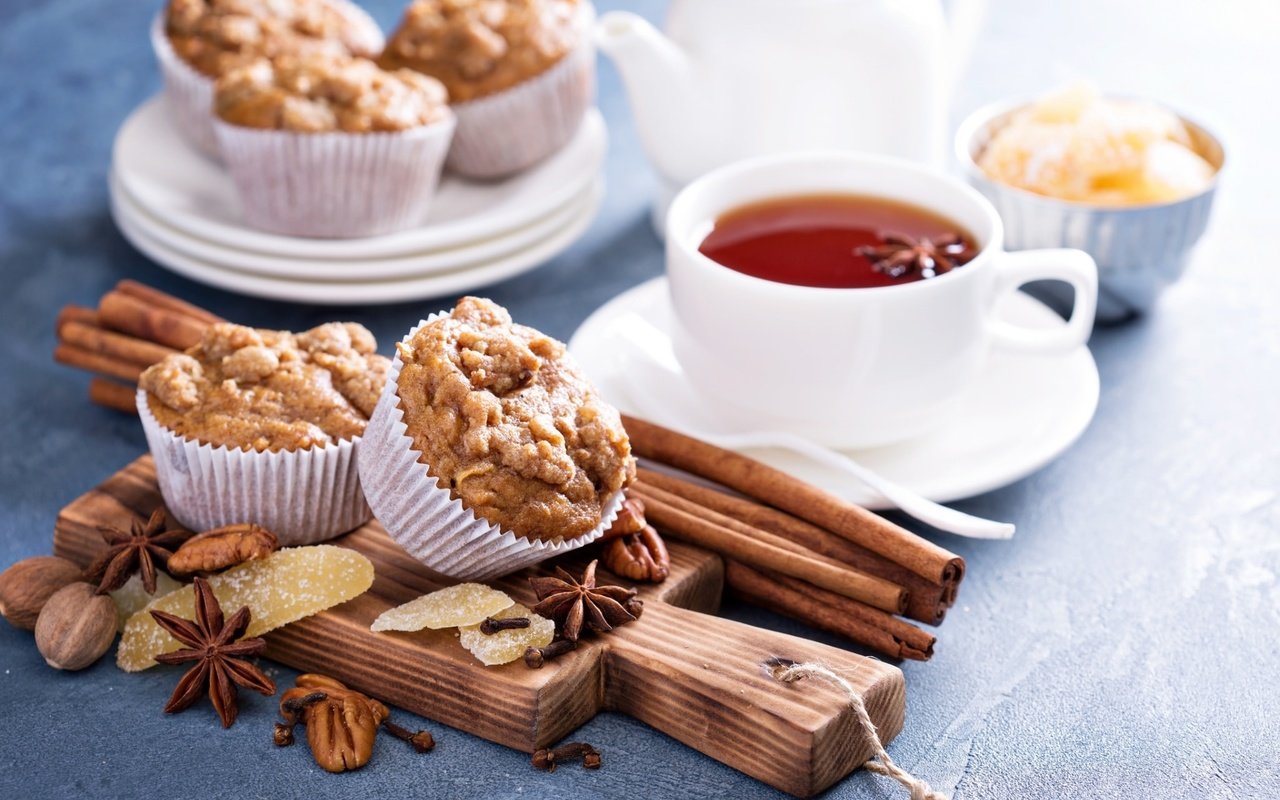 Обои корица, чай, бадьян, маффин, цукаты, cinnamon, tea, star anise, muffin, candied разрешение 1920x1280 Загрузить