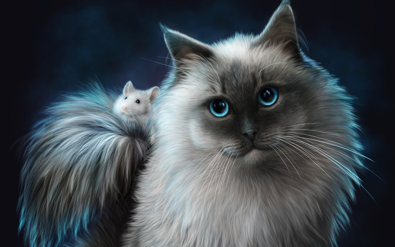 Обои арт, животные, кот, кошка, мышь, друзья, art, animals, cat, mouse, friends разрешение 3000x1944 Загрузить