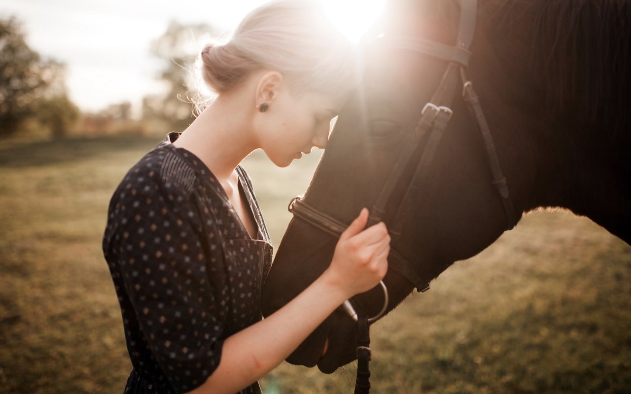 Обои лошадь, природа, девушка, настроение, профиль, конь, закрытые глаза, horse, nature, girl, mood, profile, closed eyes разрешение 5616x3744 Загрузить