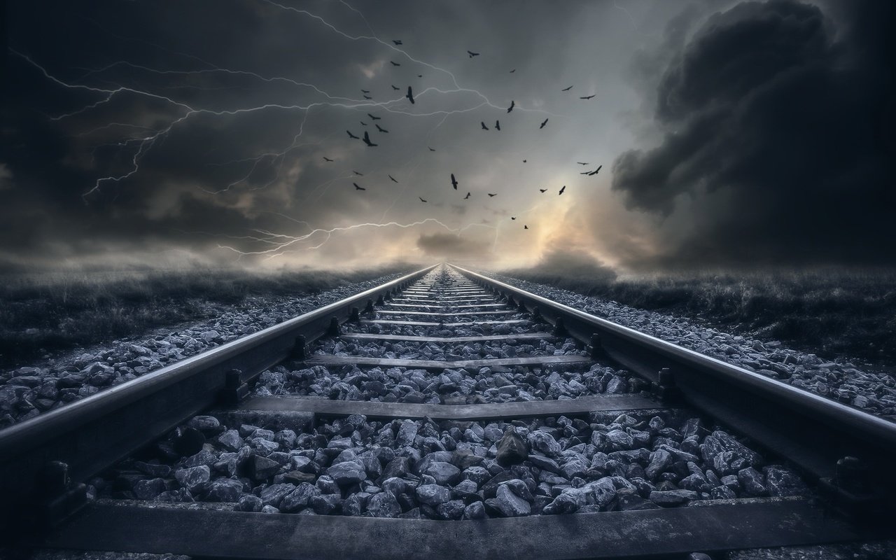 Обои железная дорога, рельсы, природа, тучи, птицы, railroad, rails, nature, clouds, birds разрешение 1920x1241 Загрузить