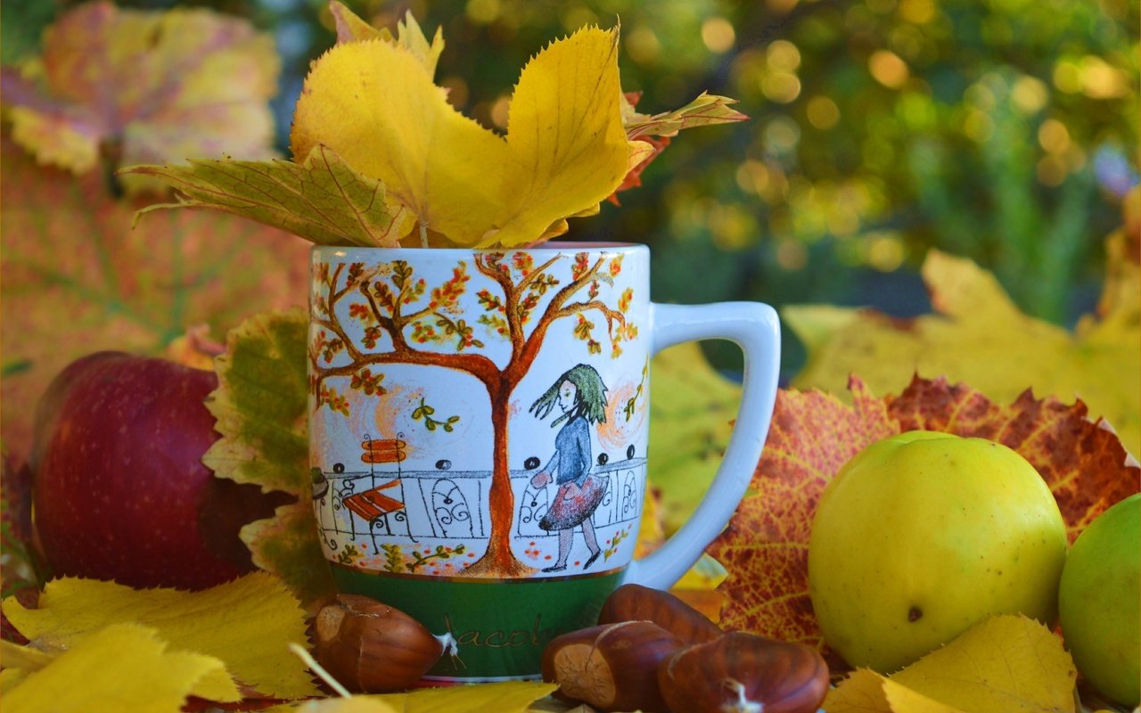 Обои листья, яблоки, осень, чашка, осен, каштаны,  листья, leaves, apples, autumn, cup, chestnuts разрешение 3002x1912 Загрузить