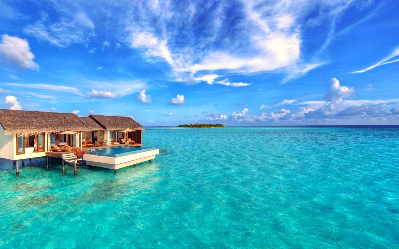 Обои море, отдых, остров, бунгало, мальдивы, sea, stay, island, bungalow, the maldives разрешение 6887x3874 Загрузить