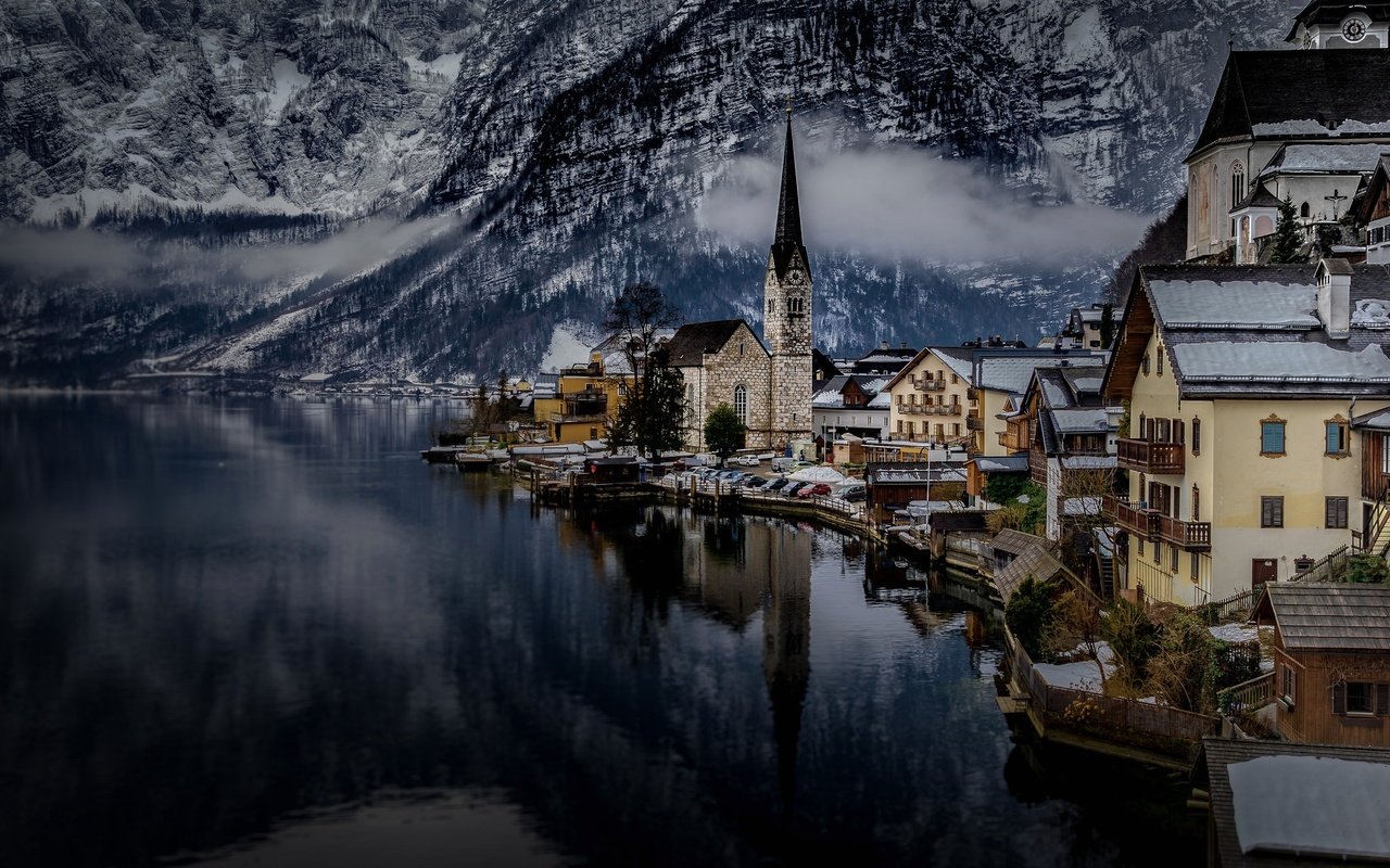 Обои облака, озеро, горы, австрия, дома, халльштатт, clouds, lake, mountains, austria, home, hallstatt разрешение 2048x1365 Загрузить