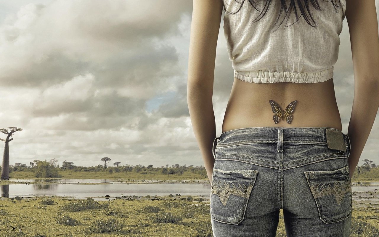 Обои девушка, бабочка, джинсы, спина, татуировка, girl, butterfly, jeans, back, tattoo разрешение 1920x1080 Загрузить