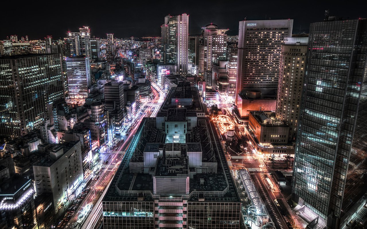 Обои дорога, огни, неон, япония, небоскребы, архитектура, осака, road, lights, neon, japan, skyscrapers, architecture, osaka разрешение 2000x1333 Загрузить