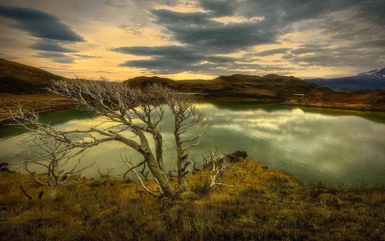 Обои облака, озеро, горы, дерево, осень, пасмурно, clouds, lake, mountains, tree, autumn, overcast разрешение 2048x1152 Загрузить