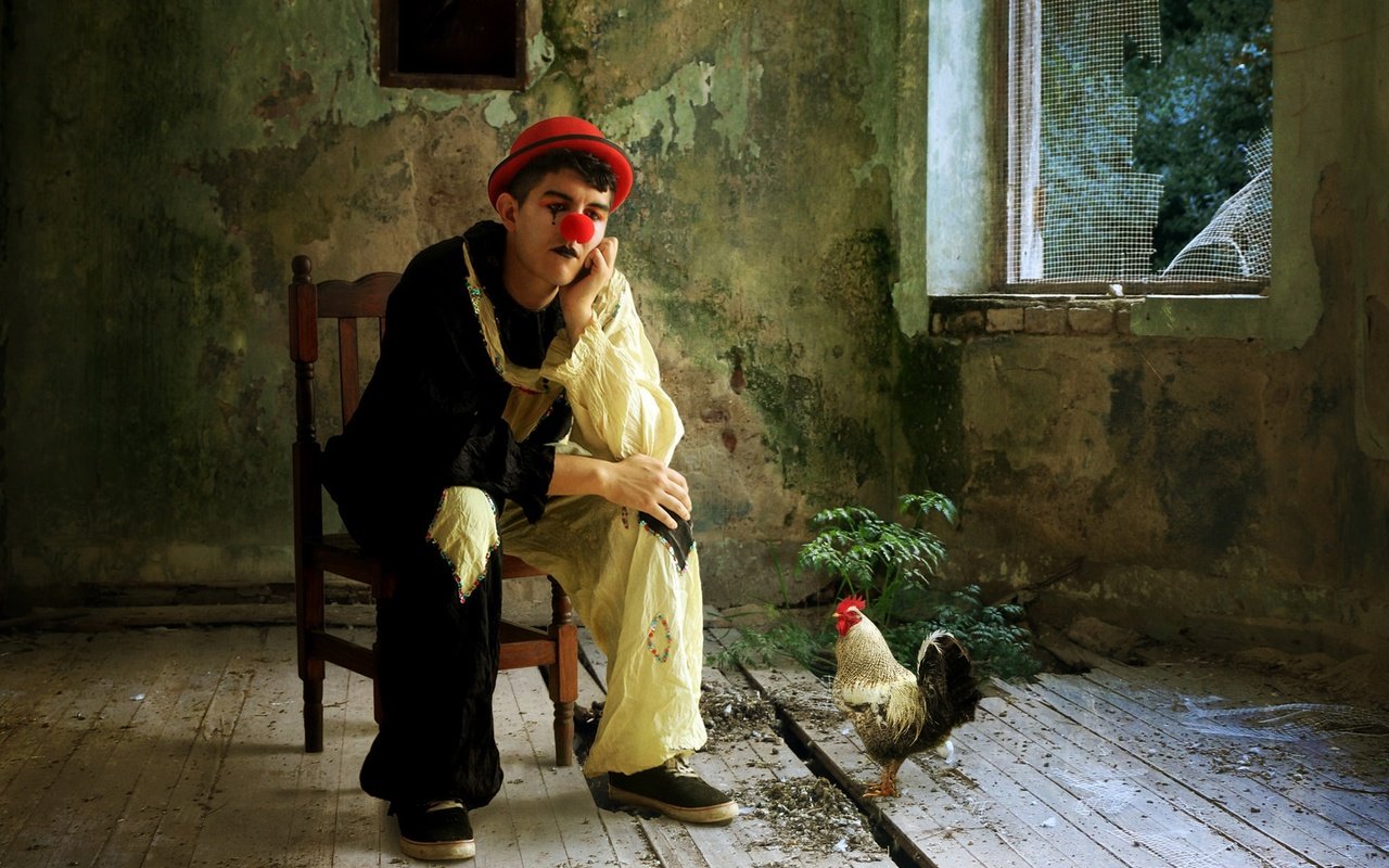 Обои человек, комната, клоун, шляпа, курица, петух, people, room, clown, hat, chicken, cock разрешение 2048x1367 Загрузить