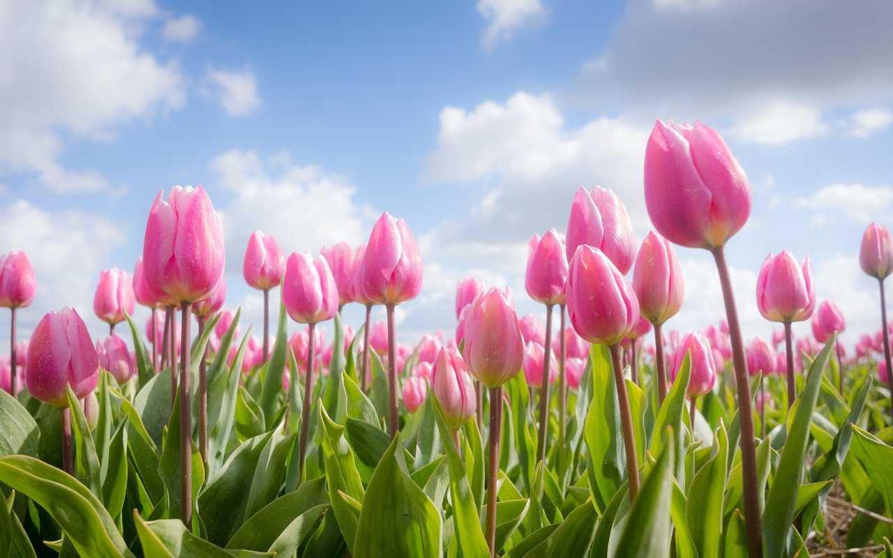 Обои небо, цветы, облака, весна, тюльпаны, розовые, the sky, flowers, clouds, spring, tulips, pink разрешение 2048x1222 Загрузить