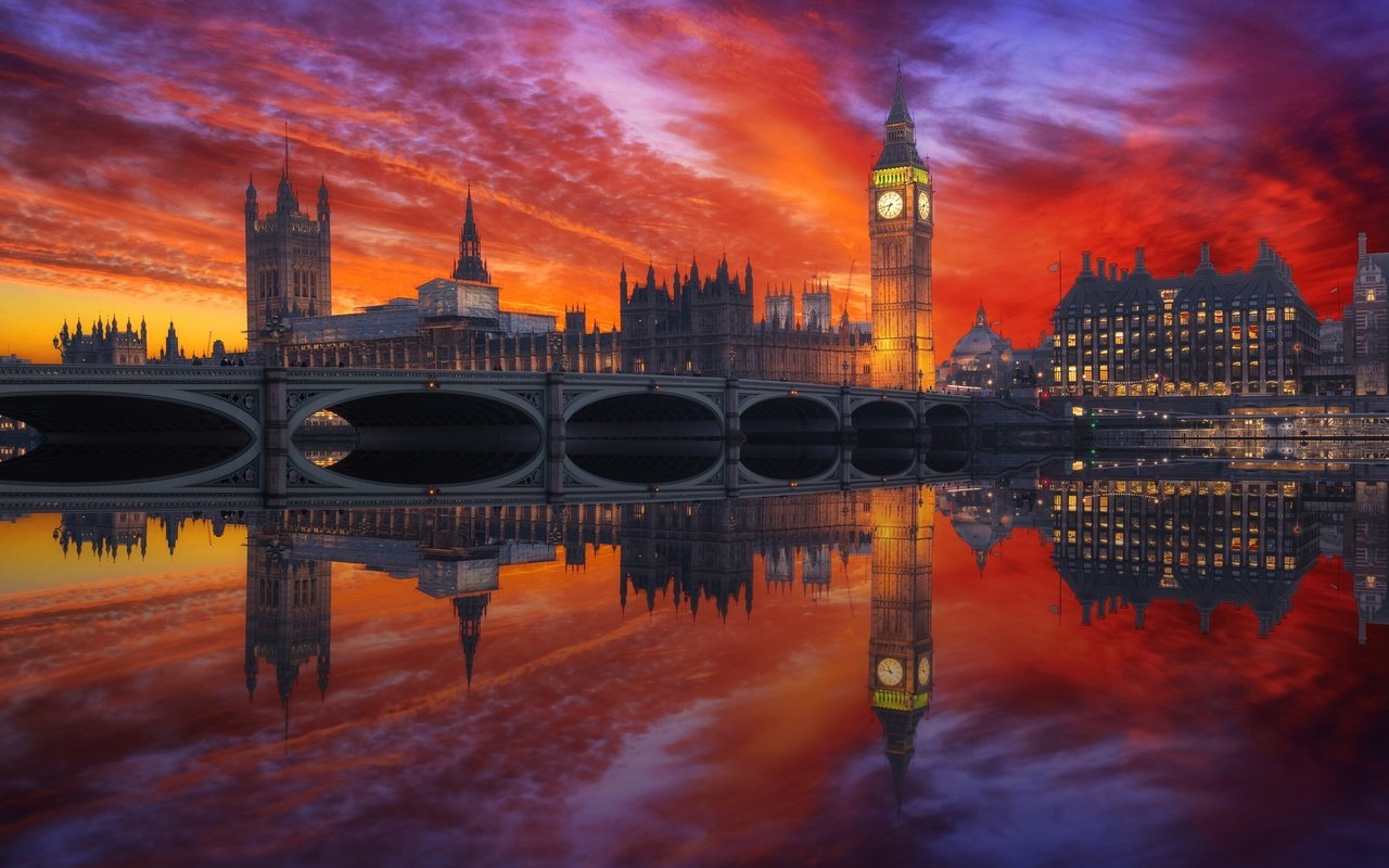 Обои закат, отражение, мост, лондон, англия, биг-бен, sunset, reflection, bridge, london, england, big ben разрешение 2048x1367 Загрузить