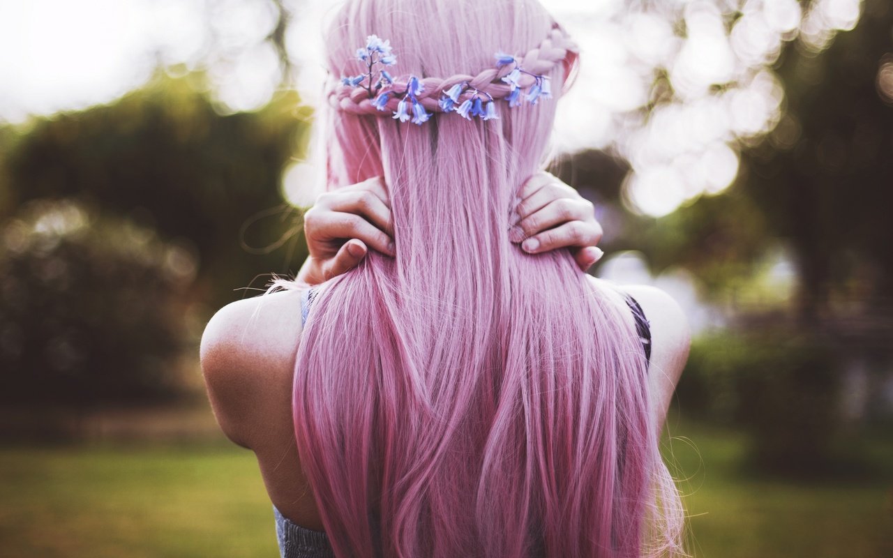 Обои цветы, девушка, спина, розовые волосы, flowers, girl, back, pink hair разрешение 2048x1279 Загрузить