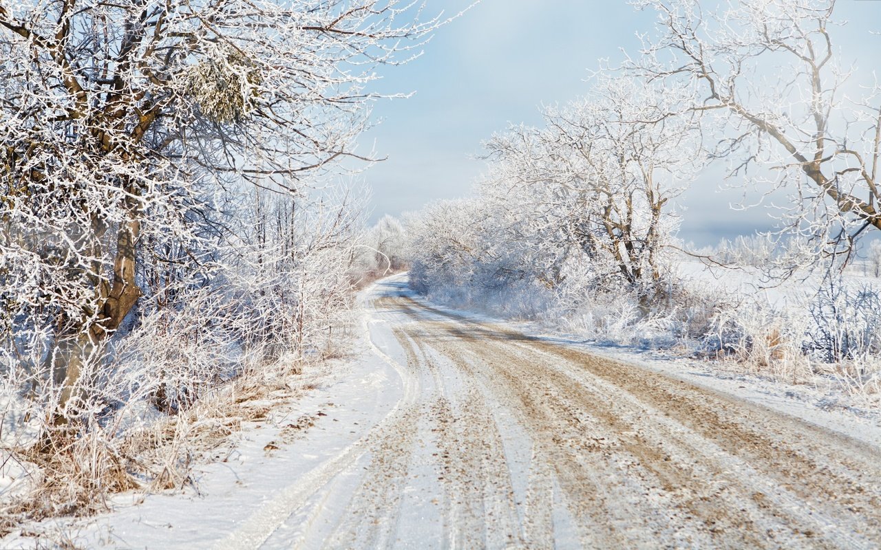 Обои дорога, деревья, снег, зима, road, trees, snow, winter разрешение 2048x1279 Загрузить