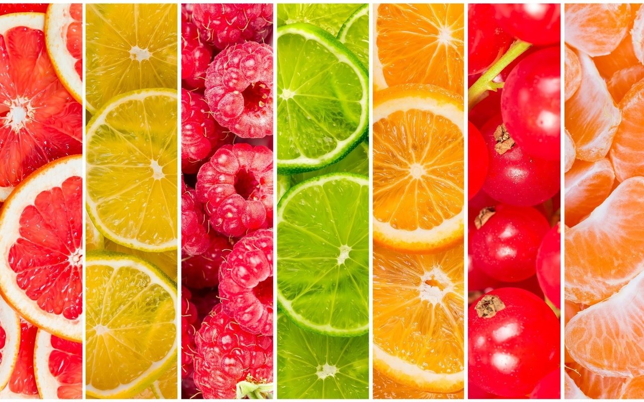 Обои малина, смородина, фрукты, цитрусы, лимон, грейпфрут, ягоды, апельсин, лайм, дольки, мандарин, raspberry, currants, fruit, citrus, lemon, grapefruit, berries, orange, lime, slices, mandarin разрешение 1983x1192 Загрузить