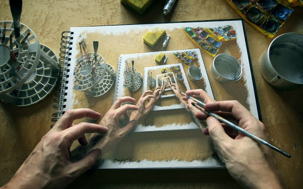 Обои арт, рисунок, отражение, краски, руки, художник, кисточка, art, figure, reflection, paint, hands, artist, brush разрешение 1920x1080 Загрузить