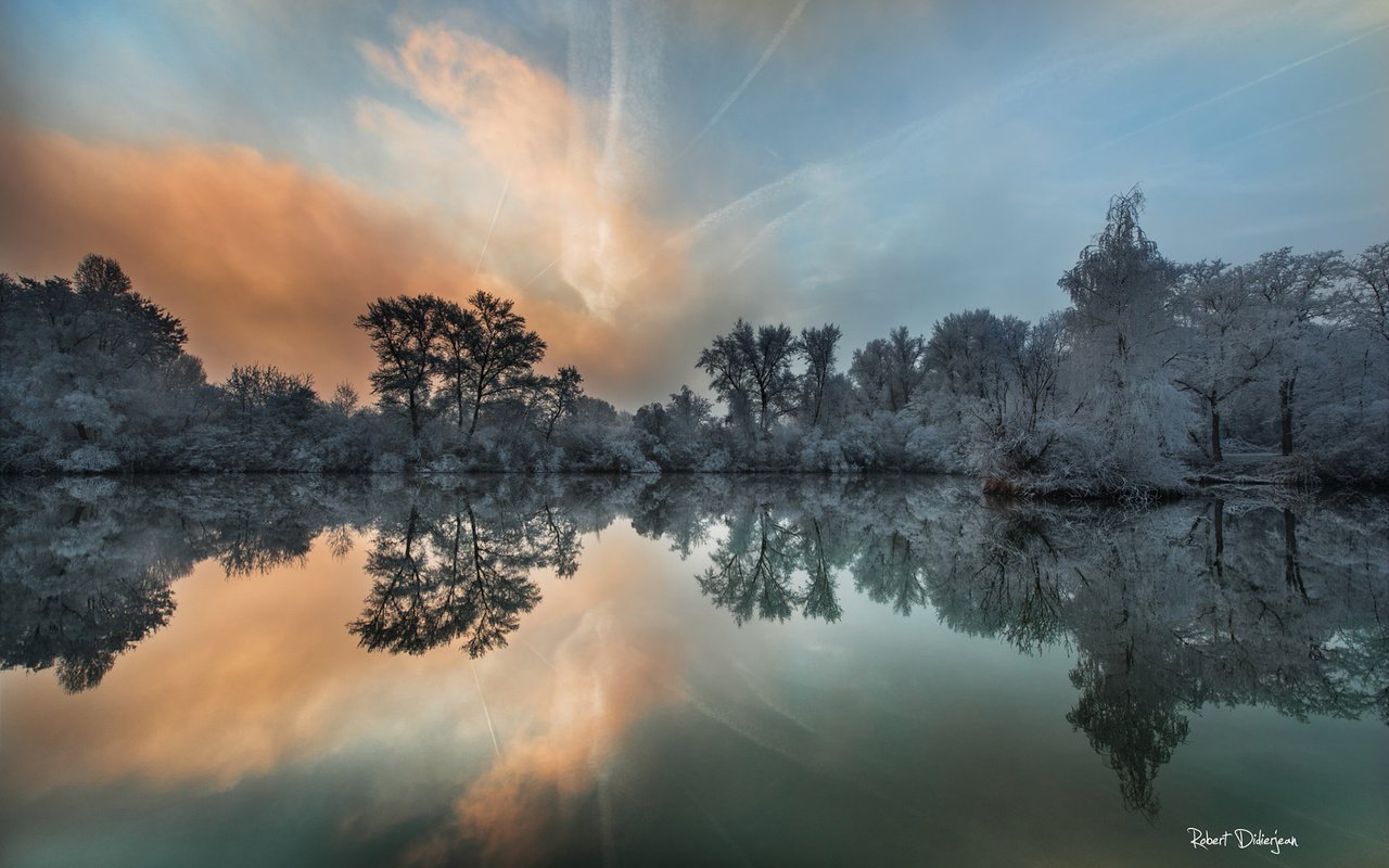 Обои озеро, природа, лес, отражение, кусты, иней, lake, nature, forest, reflection, the bushes, frost разрешение 1920x1200 Загрузить